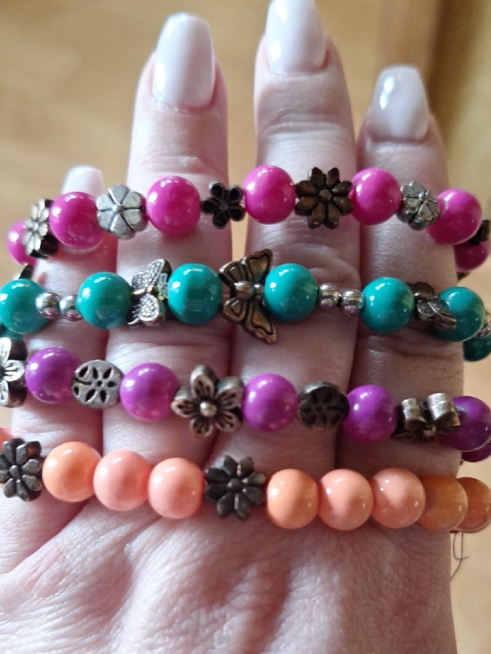 Colorful Beaded Flower Accent Stretch Bracelet - Pink, Turquoise, Purple, Peach